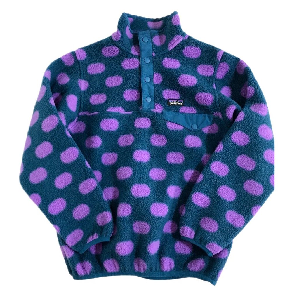 Patagonia Kids Teal Fleece Pullover with Purple Polka Dots